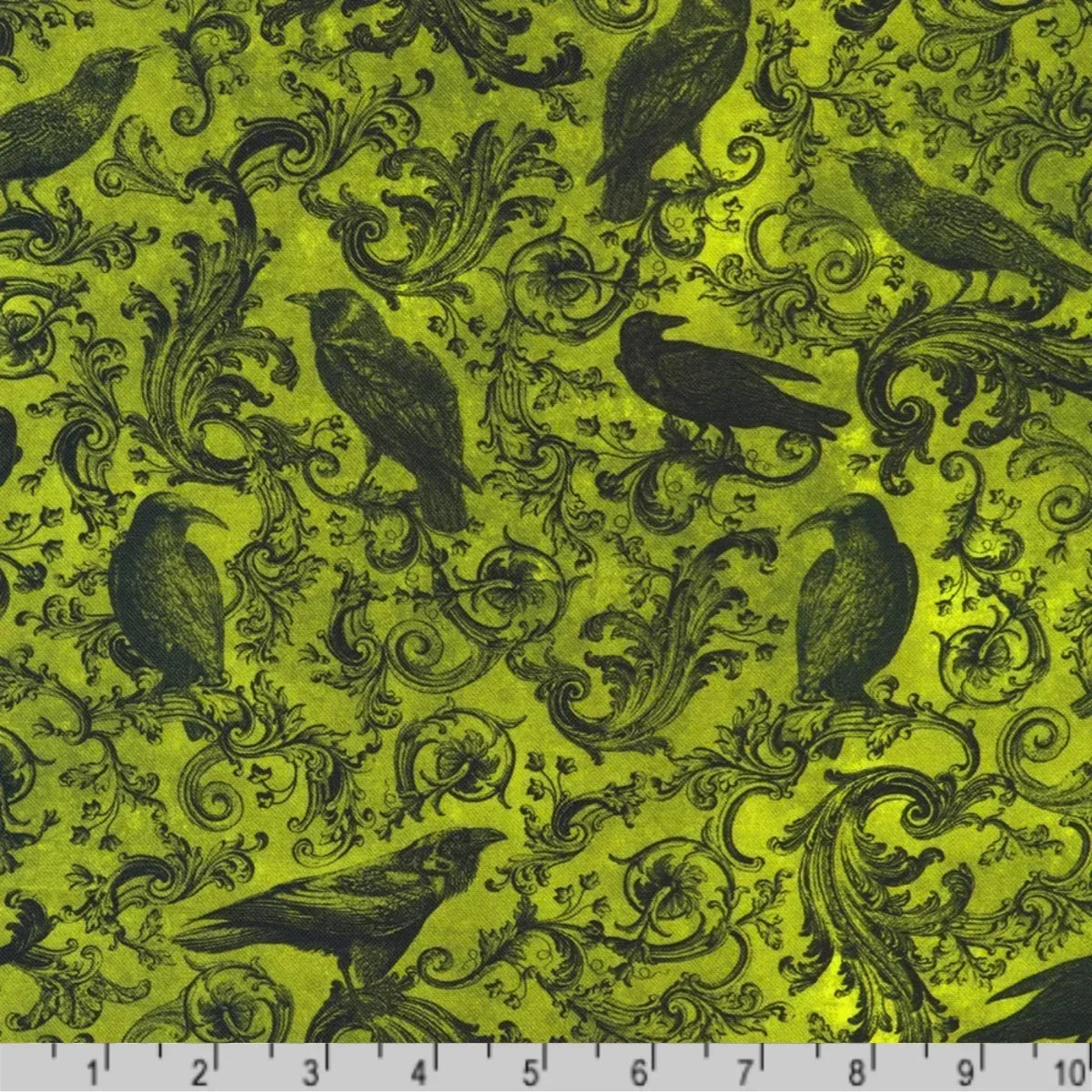 A repeating pattern of black ravens and ornate scrollwork on a bright lime-green background with a ruler at the bottom for scale.