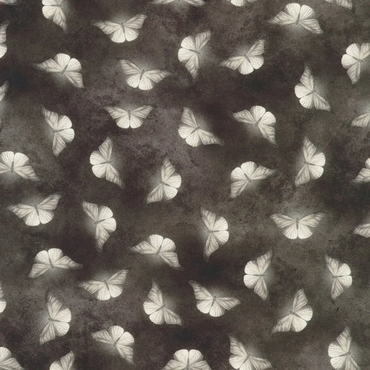 Patterned fabric of softly glowing white moth silhouettes scattered across a dark, mottled charcoal grey background.