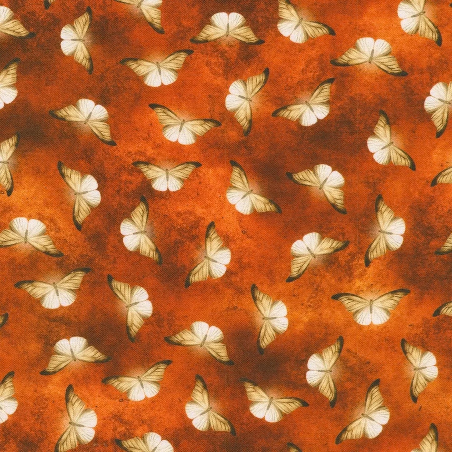 Patterned fabric of softly glowing white moth silhouettes scattered across a mottled burnt-orange background.