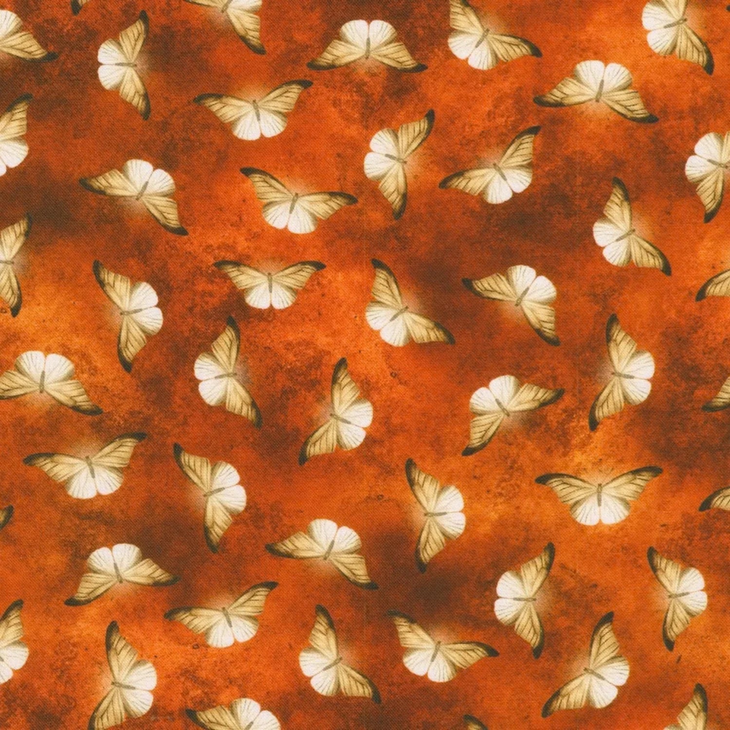 Patterned fabric of softly glowing white moth silhouettes scattered across a mottled burnt-orange background.