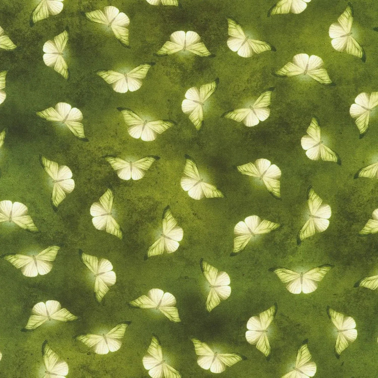 Patterned fabric of softly glowing white moth silhouettes scattered across a mottled olive and chartreuse-green background.