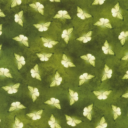 Patterned fabric of softly glowing white moth silhouettes scattered across a mottled olive and chartreuse-green background.