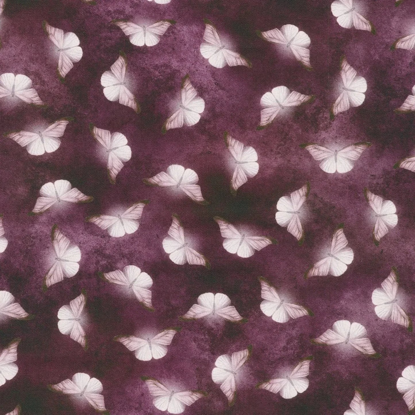 Patterned fabric of softly glowing white moth silhouettes scattered across a dark, mottled amethyst-purple background.