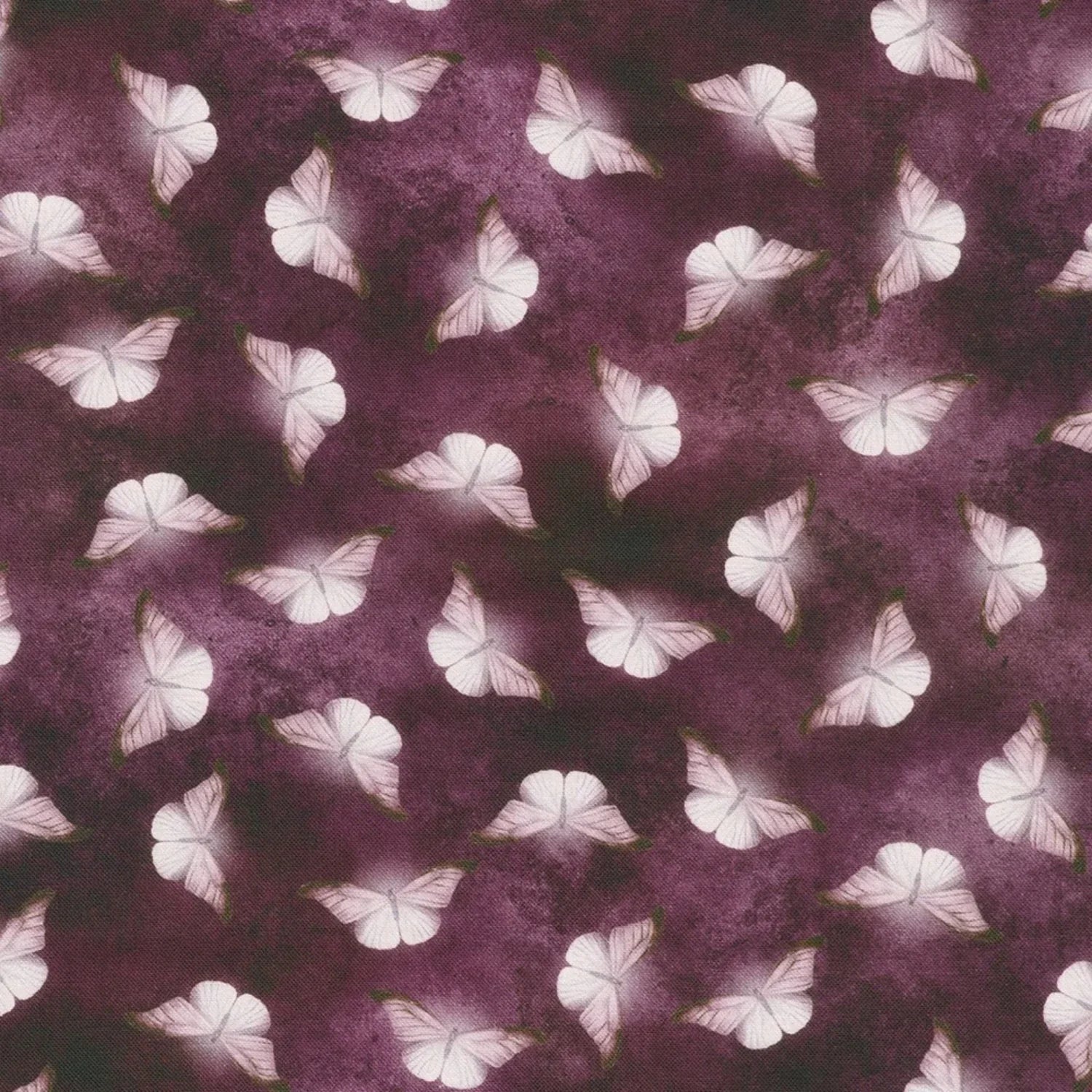 Patterned fabric of softly glowing white moth silhouettes scattered across a dark, mottled amethyst-purple background.