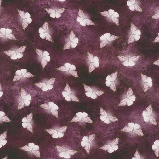 Patterned fabric of softly glowing white moth silhouettes scattered across a dark, mottled amethyst-purple background.