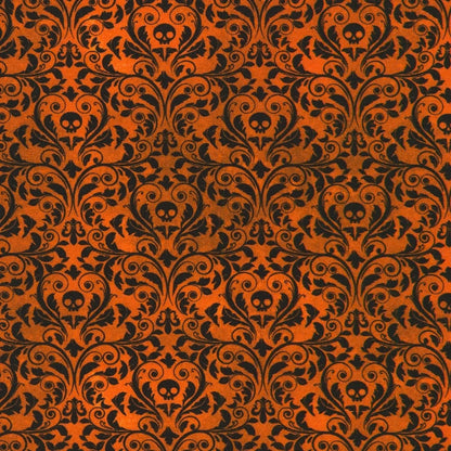 An ornate black damask pattern with small skull motifs on a warm, burnt-orange background. 