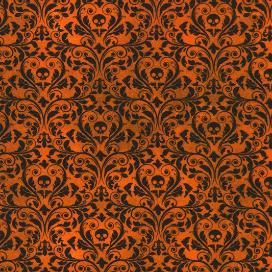 An ornate black damask pattern with small skull motifs on a warm, burnt-orange background. 