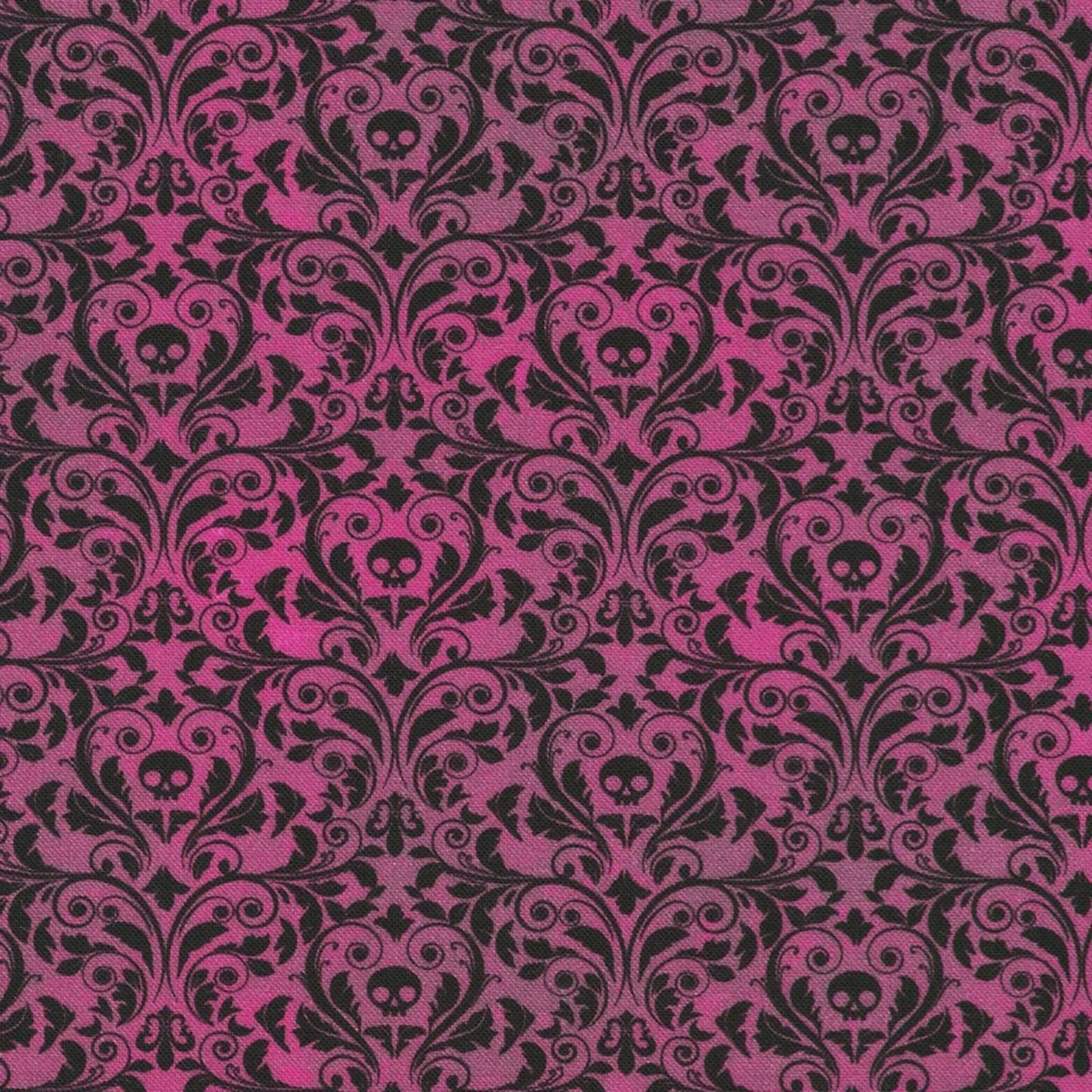 An ornate black damask pattern with small skull motifs on a rich, plum background. 