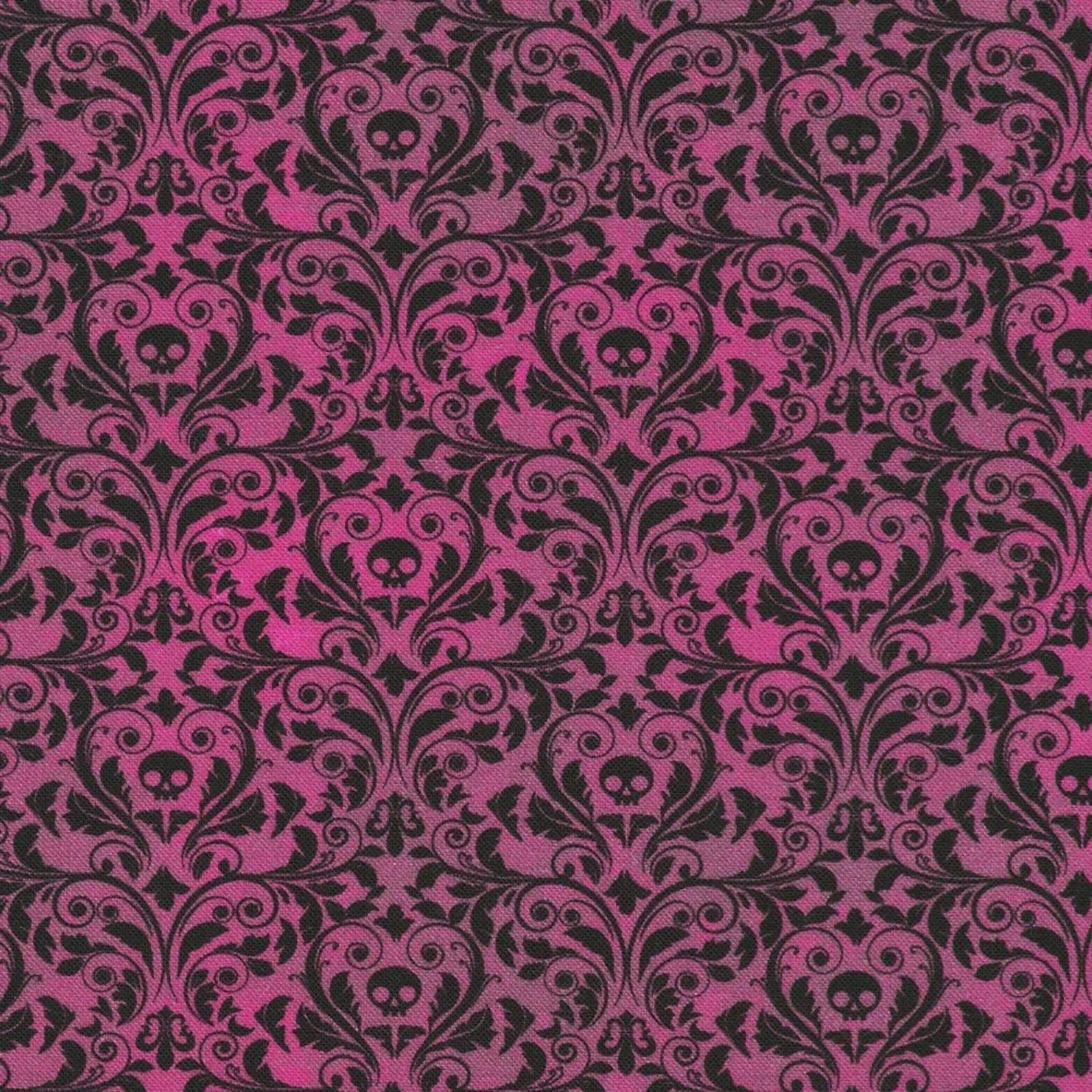 An ornate black damask pattern with small skull motifs on a rich, plum background. 
