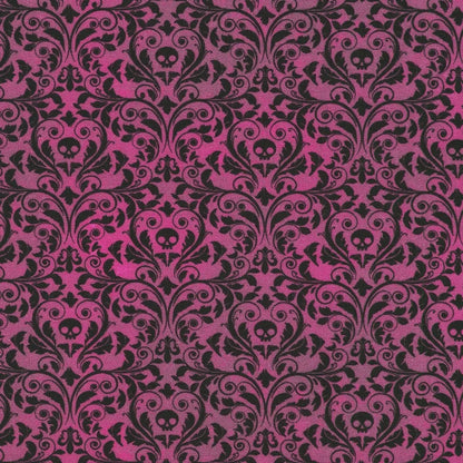 An ornate black damask pattern with small skull motifs on a rich, plum background. 