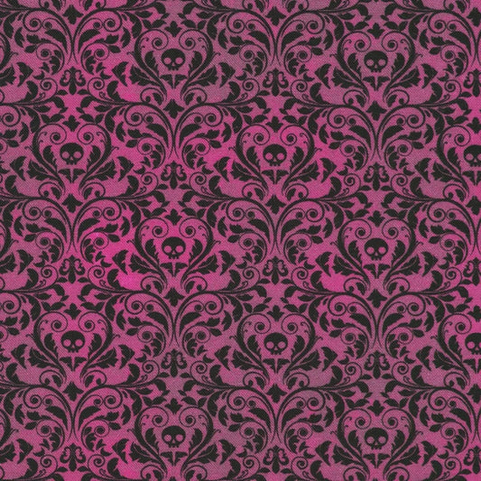 An ornate black damask pattern with small skull motifs on a rich, plum background. 