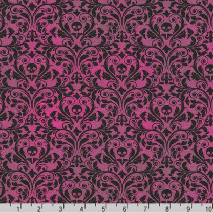 An ornate black damask pattern with small skull motifs on a rich, plum background with a ruler at the bottom for scale. 
