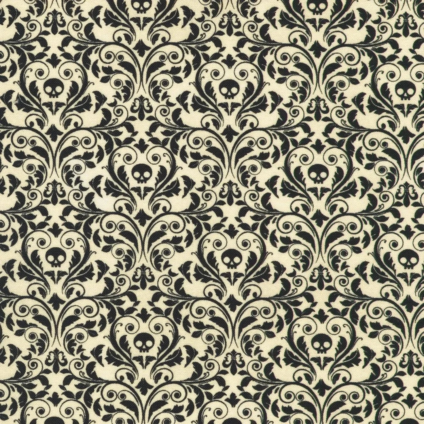 An ornate black damask pattern with small skull motifs on a soft, antique-white background.