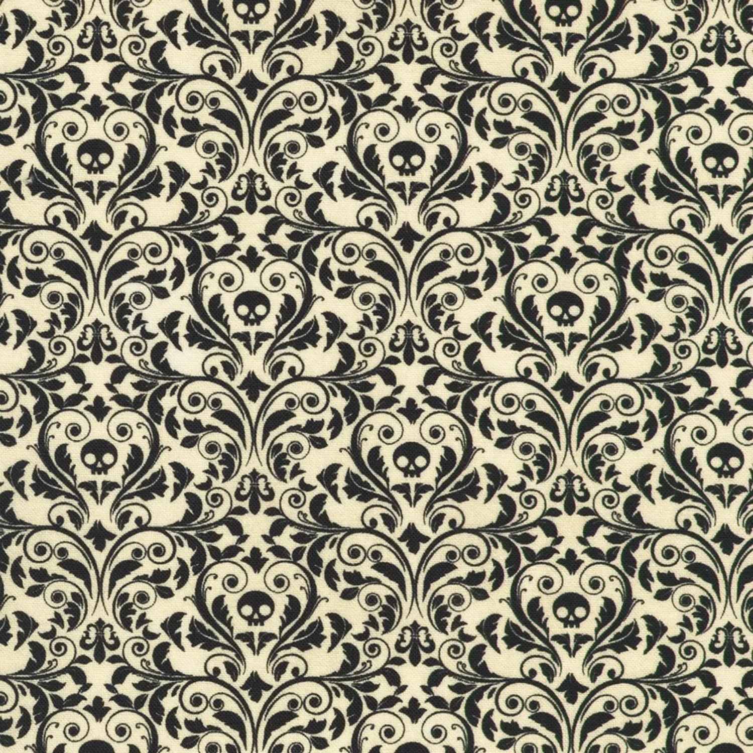 An ornate black damask pattern with small skull motifs on a soft, antique-white background.