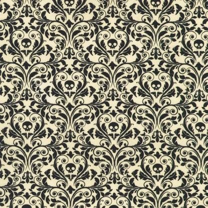 An ornate black damask pattern with small skull motifs on a soft, antique-white background.