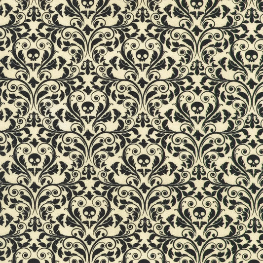 An ornate black damask pattern with small skull motifs on a soft, antique-white background.