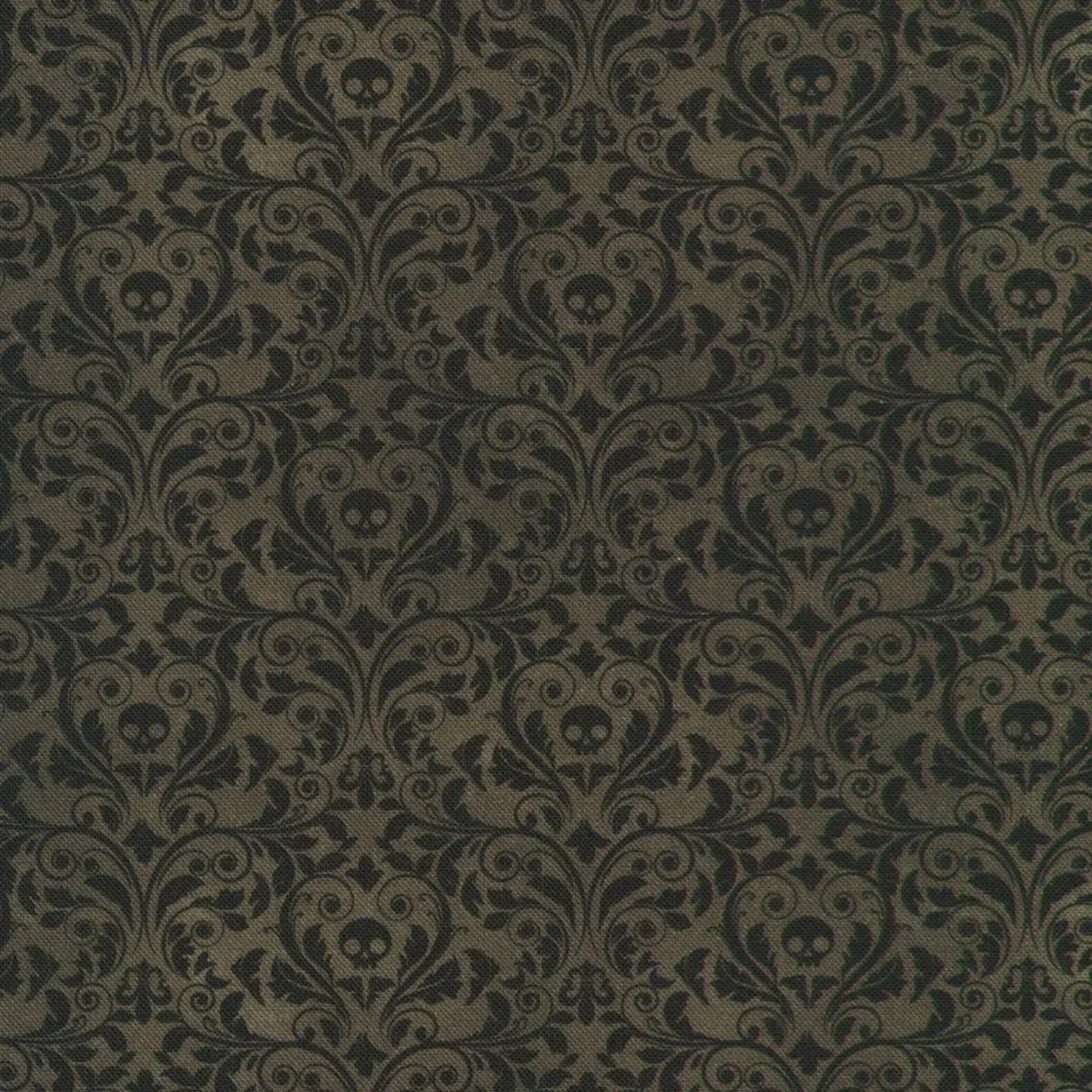 An ornate black damask pattern with small skull motifs on a charcoal-black background.
