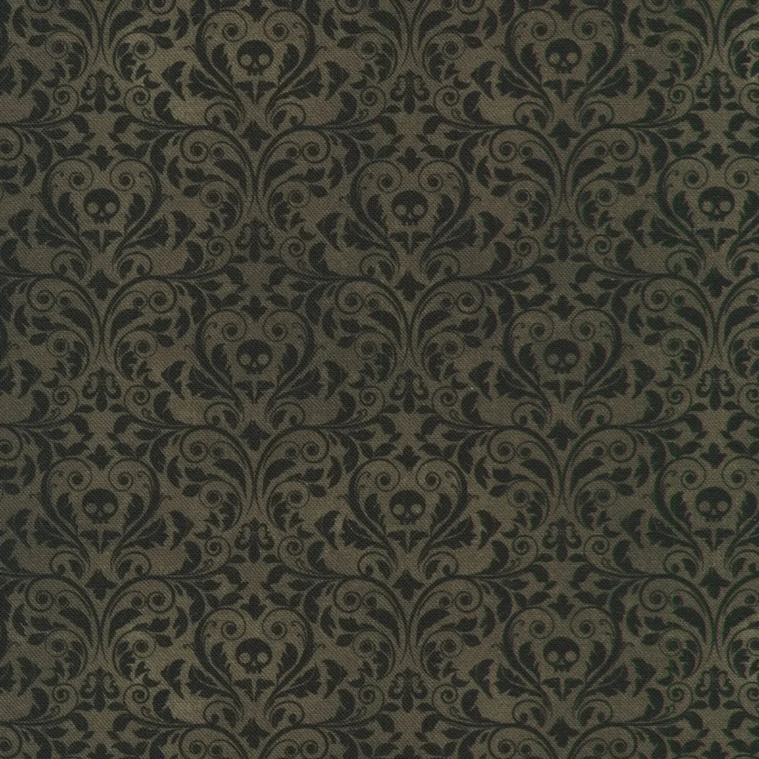 An ornate black damask pattern with small skull motifs on a charcoal-black background.