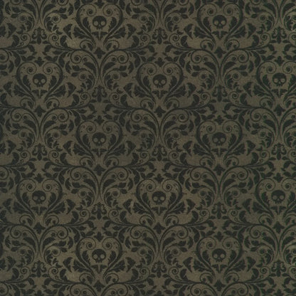 An ornate black damask pattern with small skull motifs on a charcoal-black background.