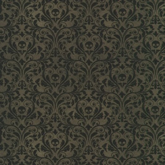 An ornate black damask pattern with small skull motifs on a charcoal-black background.