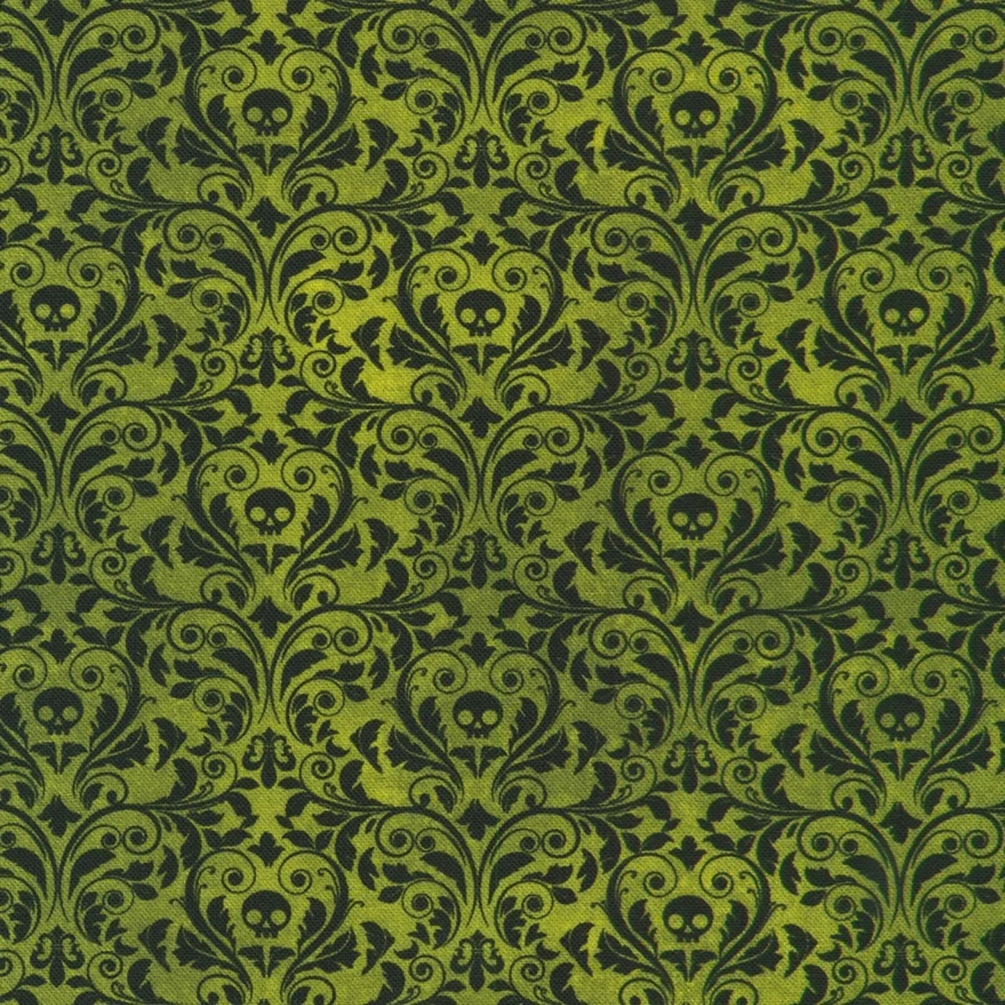 An ornate black damask pattern with small skull motifs on a rich forest-green background.