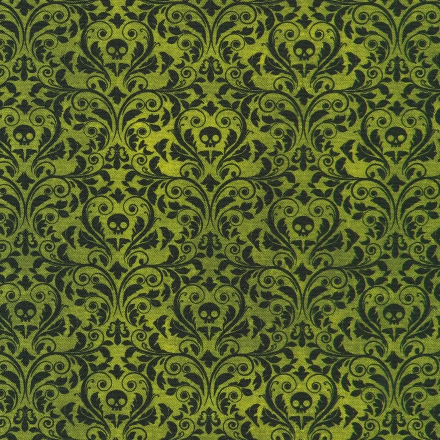 An ornate black damask pattern with small skull motifs on a rich forest-green background.