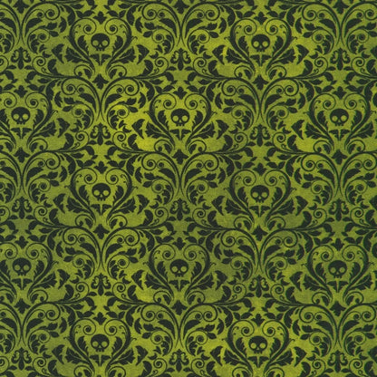 An ornate black damask pattern with small skull motifs on a rich forest-green background.