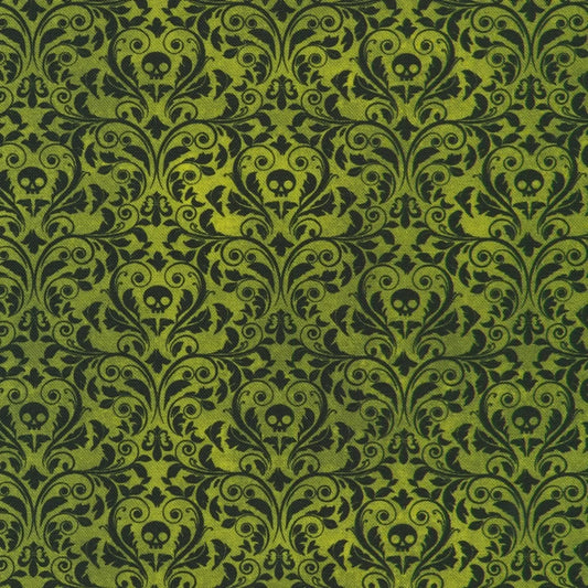 An ornate black damask pattern with small skull motifs on a rich forest-green background.