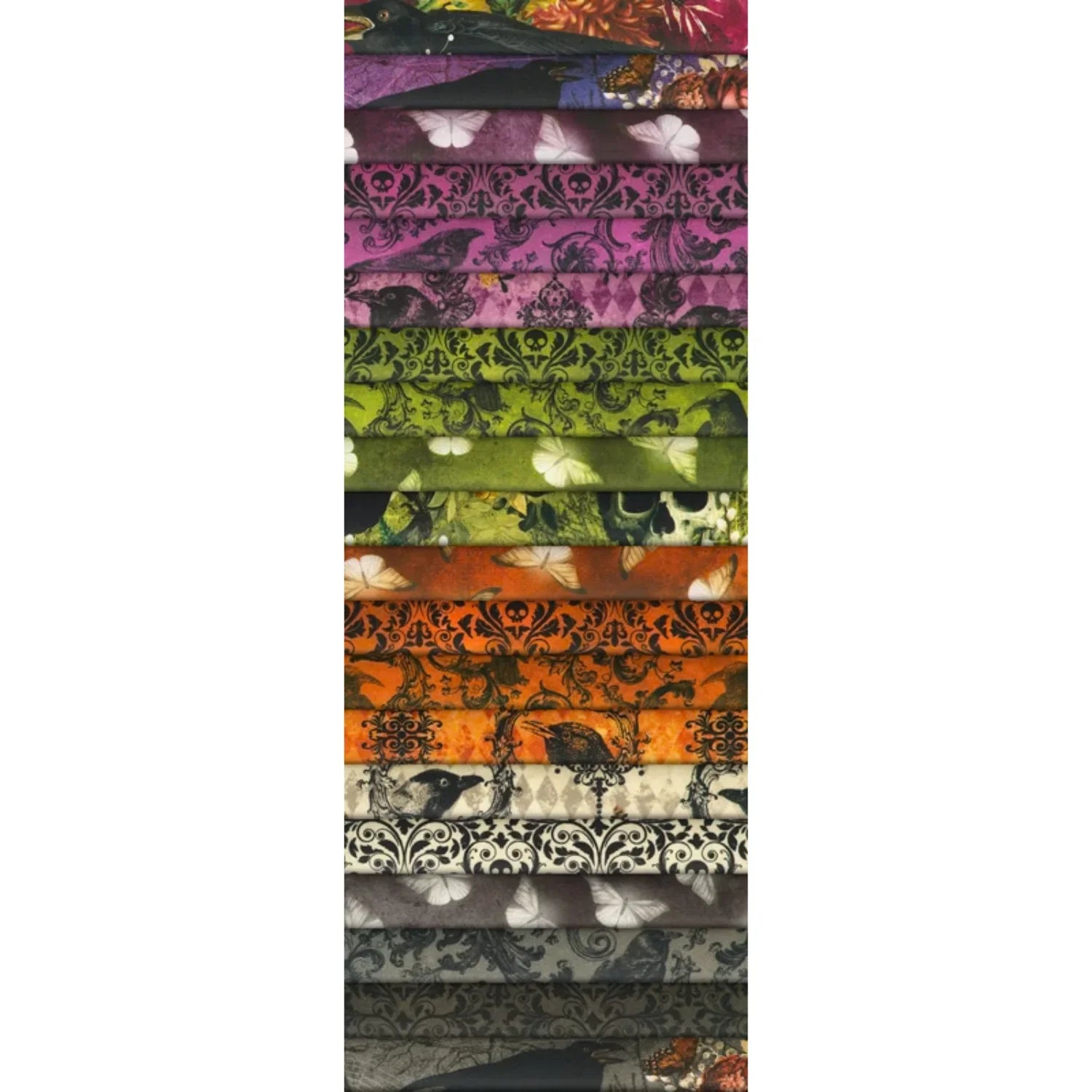 A vertical stack of fabric swatches showing various gothic nature prints in purples, greens, oranges, creams, and greys. The designs feature ornate skulls, ravens, flowers, moths, and owls.