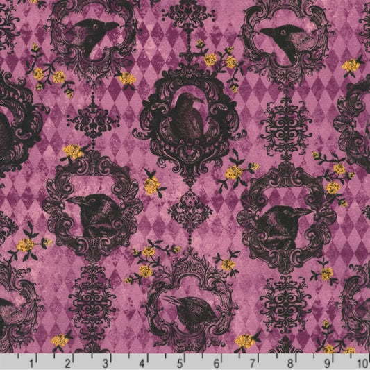 Fabric featuring black ravens and owls in ornate black scrollwork frames with small yellow floral accents on a purple harlequin diamond background. Ruler at the bottom for scale.