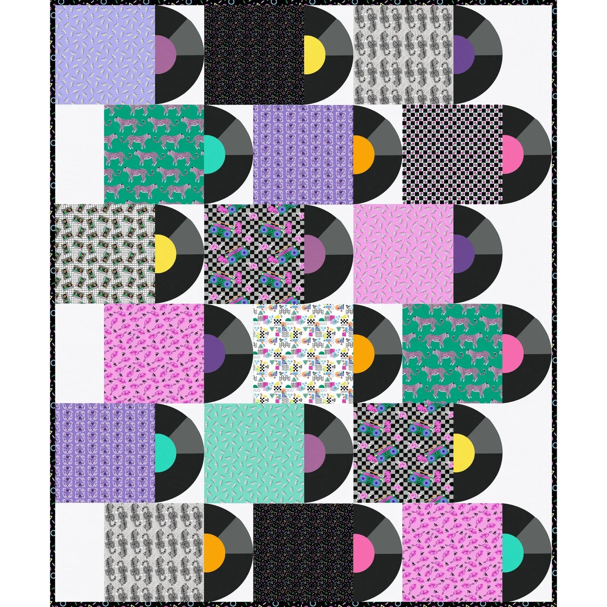 Patchwork quilt with vinyl record design on a white background