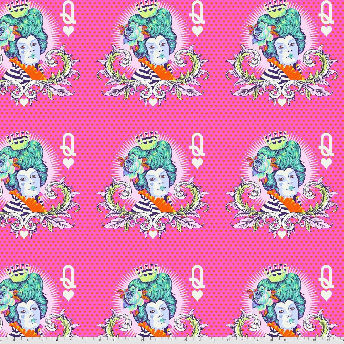 Stylized motifs of the Red Queen with teal hair and a striped outfit on a pink background. Ruler for scale