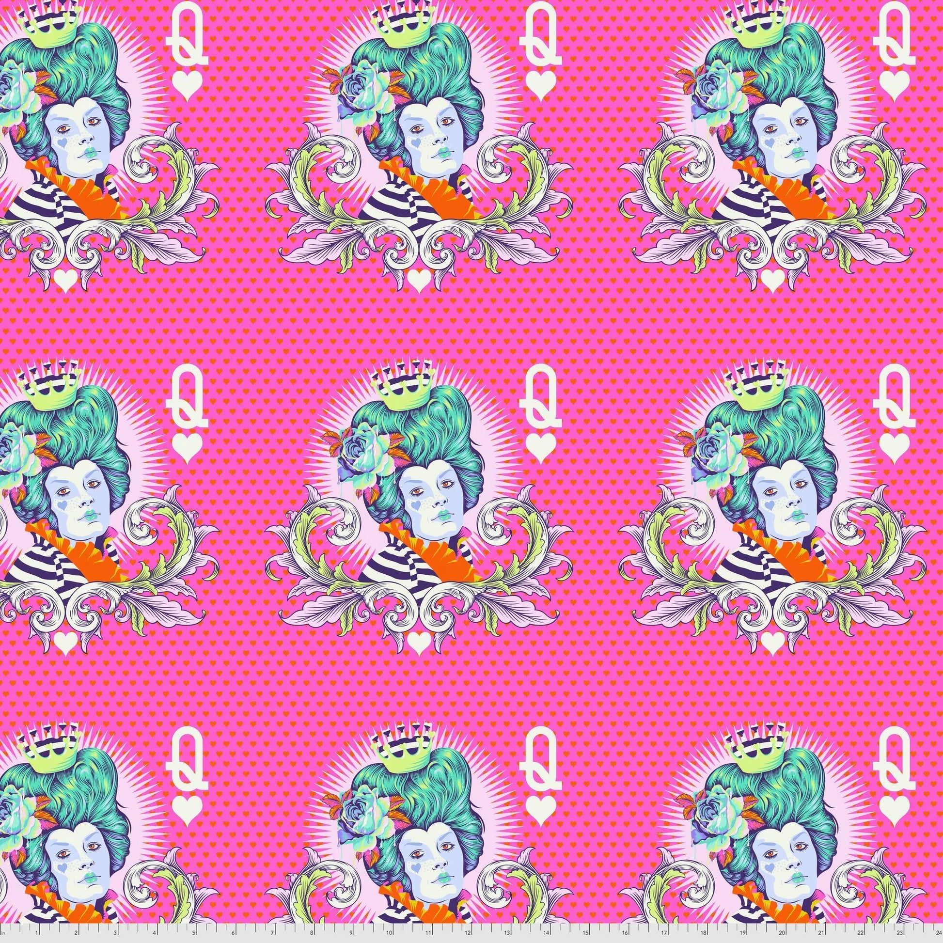 Stylized motifs of the Red Queen with teal hair and a striped outfit on a pink background. Ruler for scale