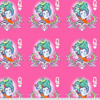 Stylized motifs of the Red Queen with teal hair and a striped outfit on a pink background. Ruler for scale