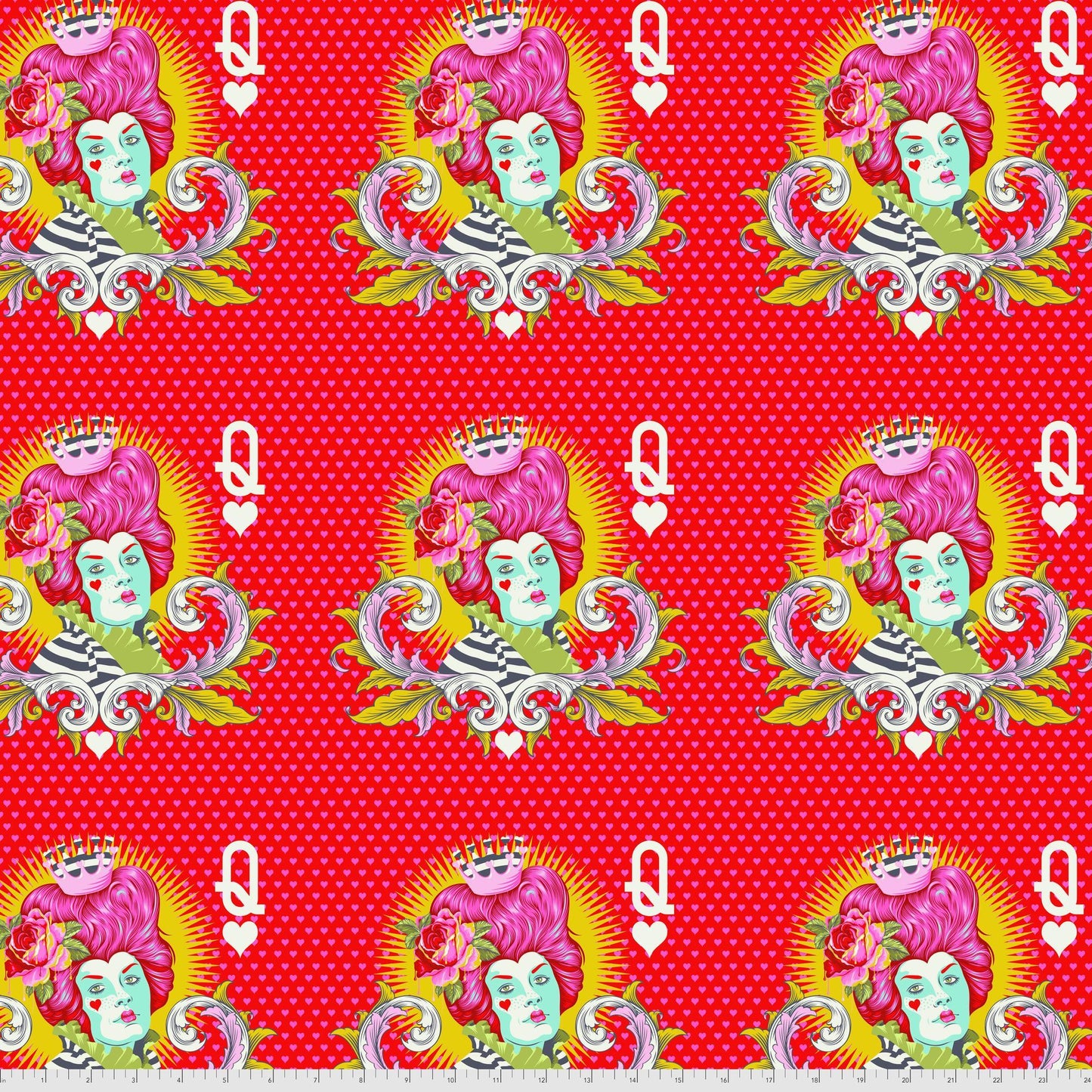 Stylized motifs of the Red Queen with pink hair and a striped outfit on a red background. Ruler for scale