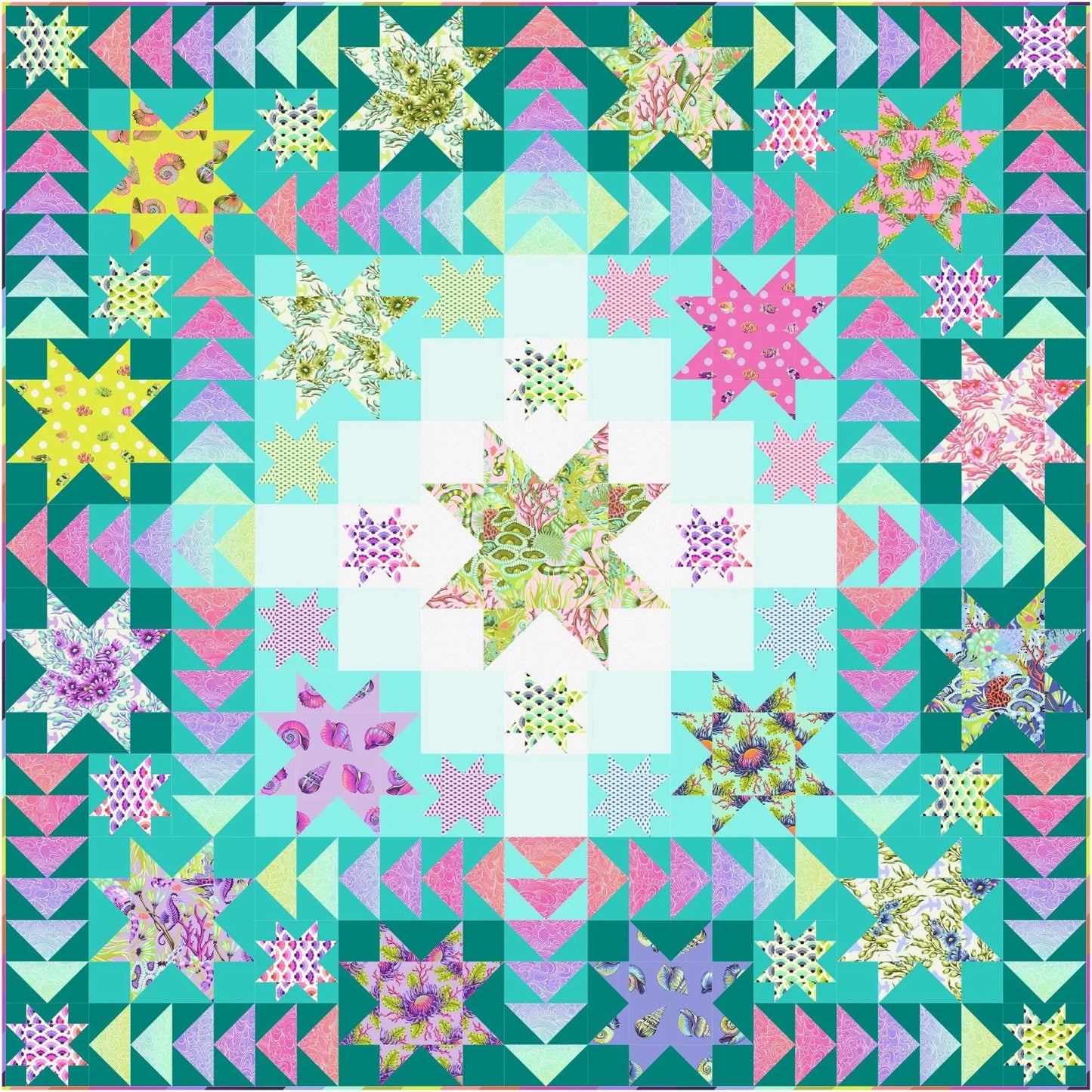 The Sea Stars quilt pattern made with the Floral Reef collection, featuring eight-pointed star blocks in vibrant pinks, lavenders, chartreuse, and teal prints radiating outward from a pale mint center, framed by a bold teal border of flying geese triangles.
