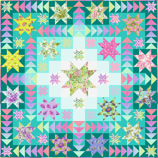 The Sea Stars quilt pattern made with the Floral Reef collection, featuring eight-pointed star blocks in vibrant pinks, lavenders, chartreuse, and teal prints radiating outward from a pale mint center, framed by a bold teal border of flying geese triangles.