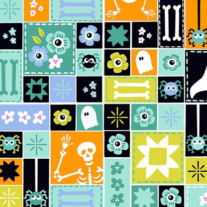 Colorful patchwork-style sampler print featuring a different spooky or floral vignette in each square.