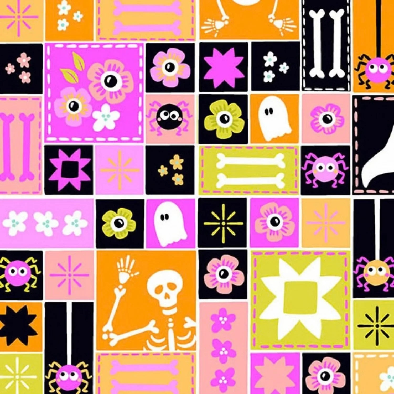 Colorful sampler-style print with Halloween-themed blocks