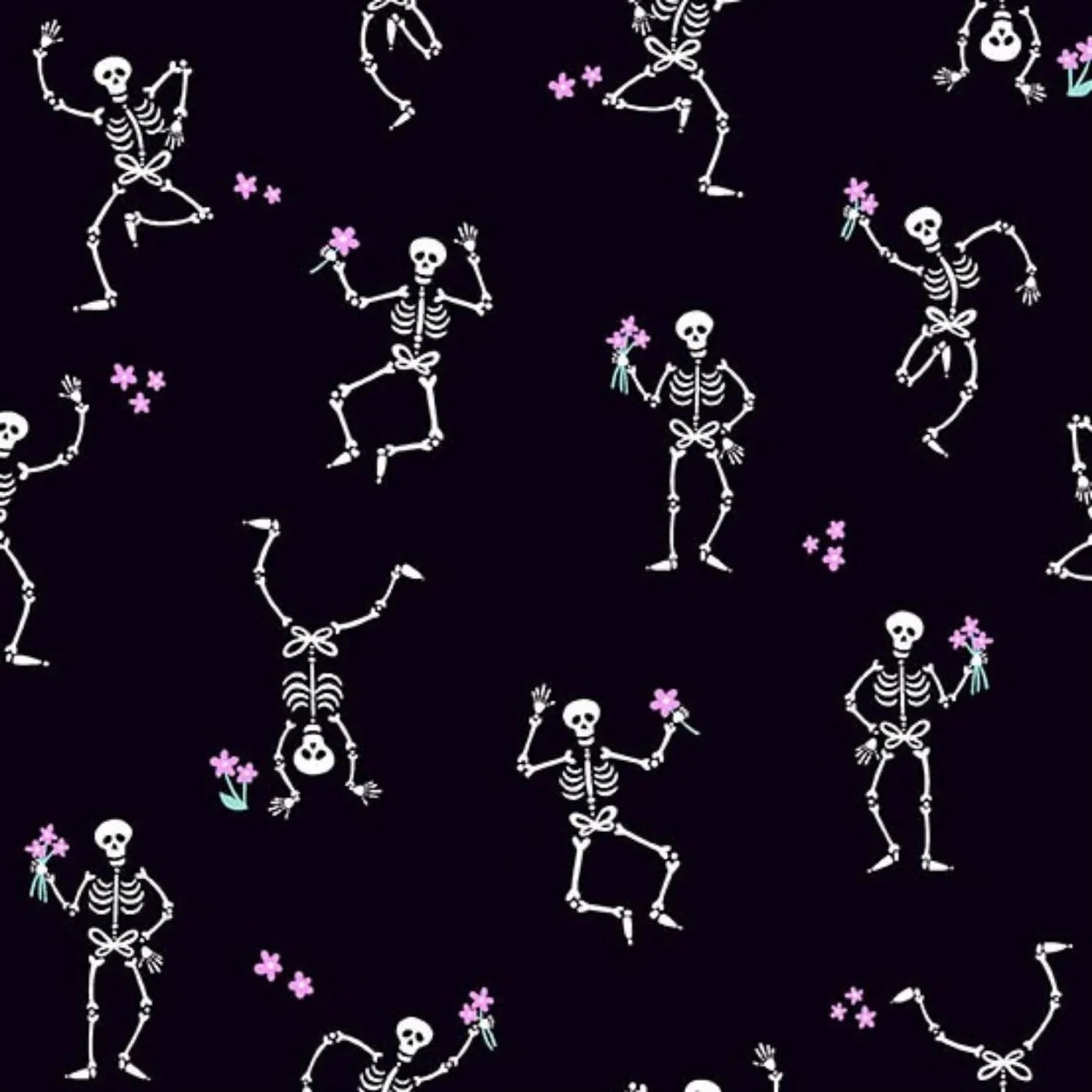 Pattern of dancing white skeletons with flowers on a black background