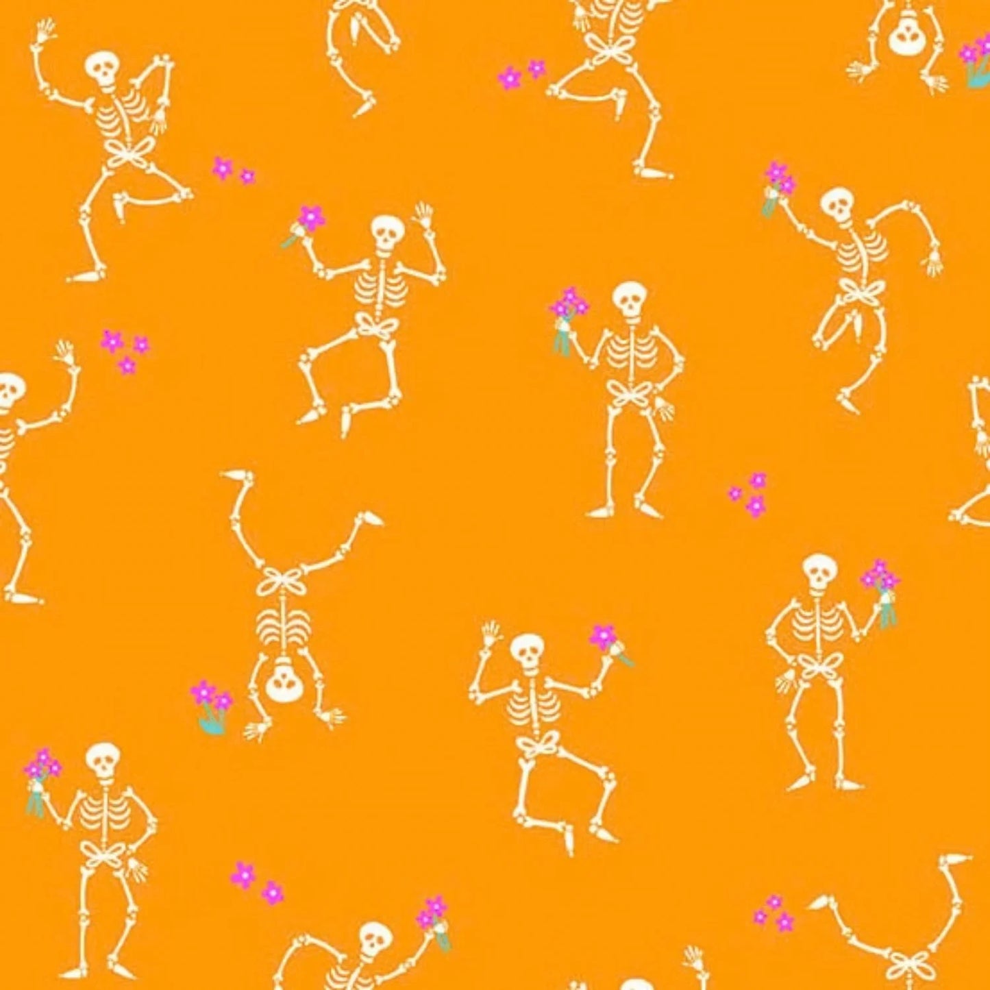 Pattern of dancing skeletons with pink flowers on an orange background