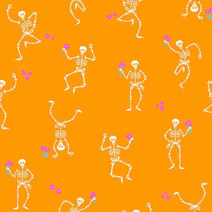 Pattern of dancing skeletons with pink flowers on an orange background
