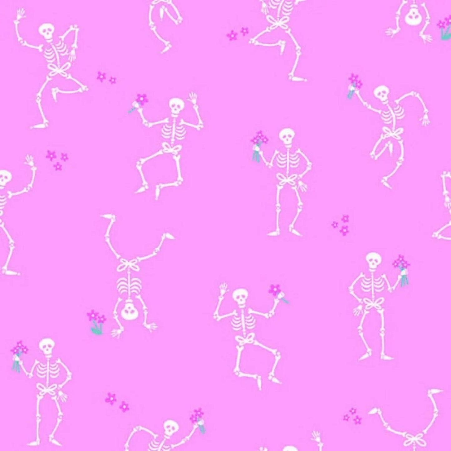 Pattern of dancing skeletons on a pink background