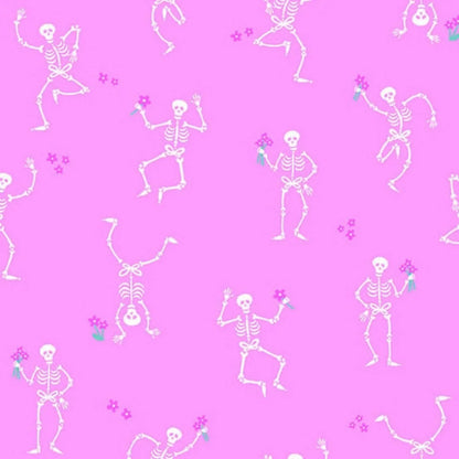 Pattern of dancing skeletons on a pink background
