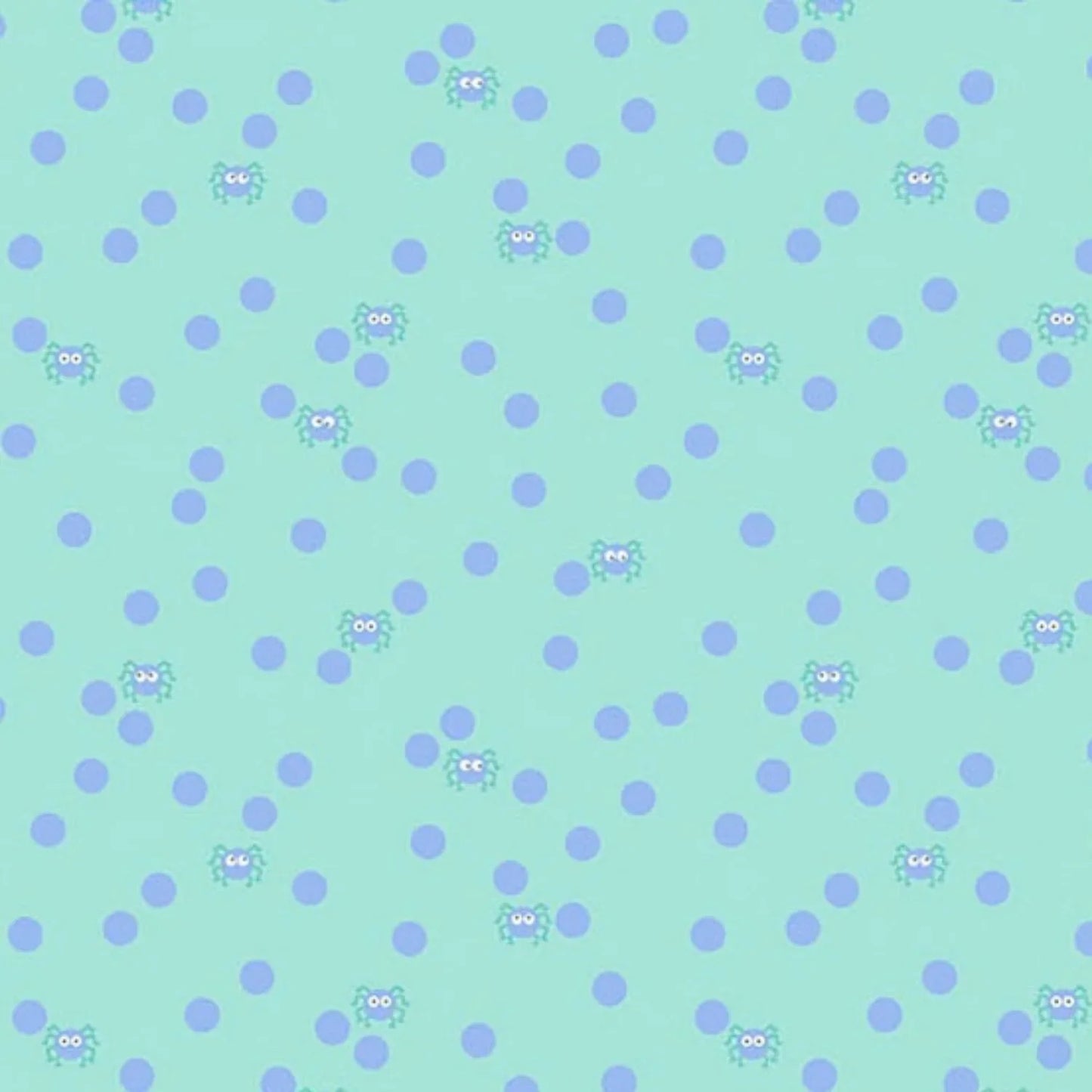 Pattern of small periwinkle dots and cartoon spiders on a light aqua background