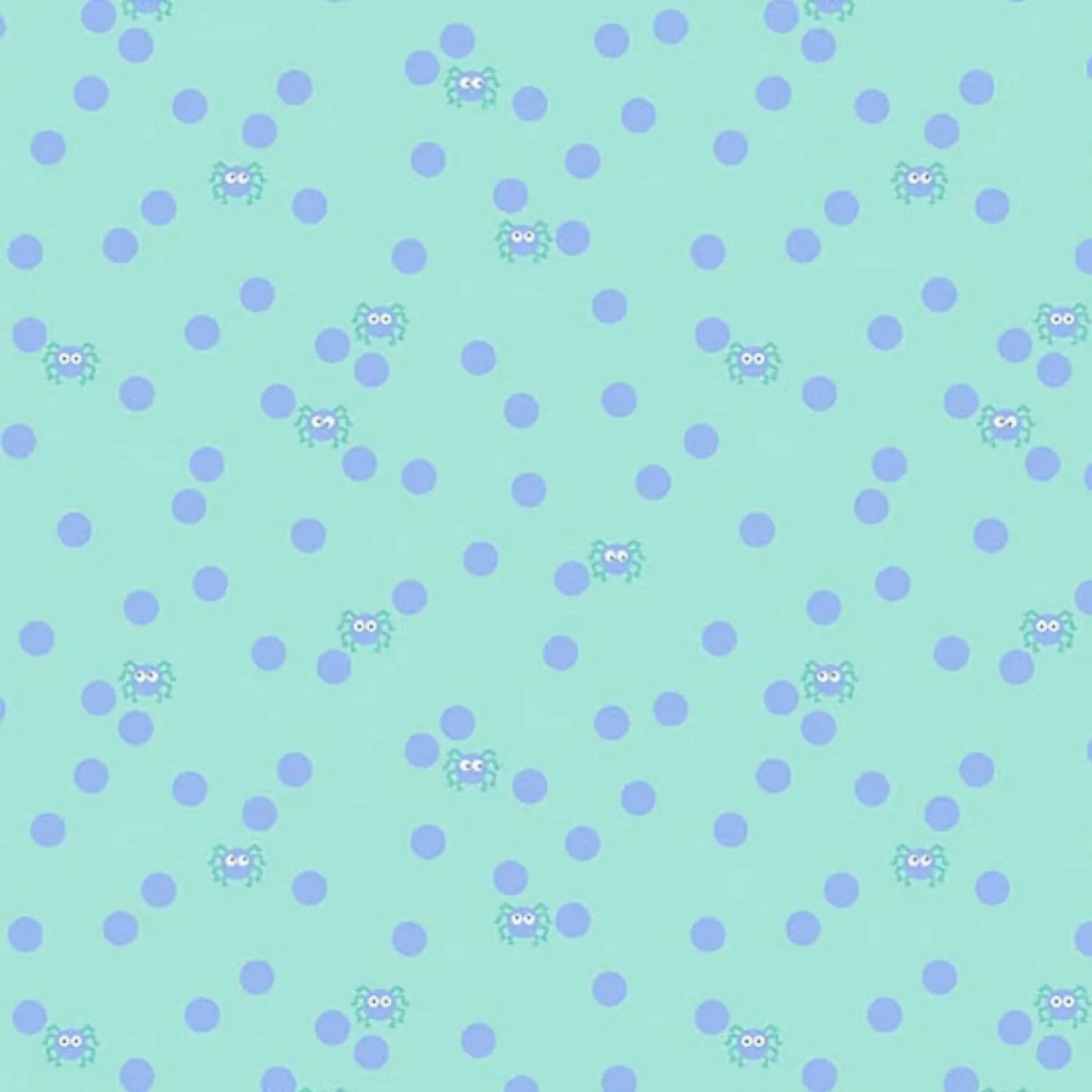 Pattern of small periwinkle dots and cartoon spiders on a light aqua background