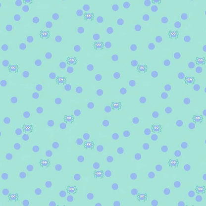 Pattern of small periwinkle dots and cartoon spiders on a light aqua background