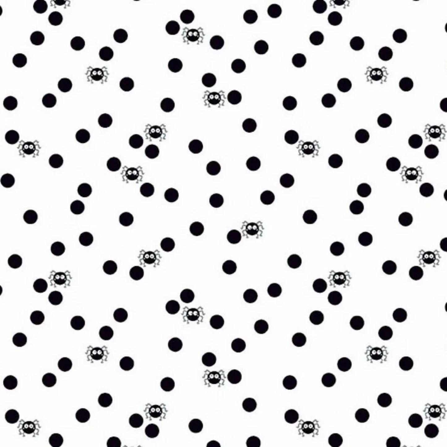 Pattern of black polka dots with small cartoon spiders on a white background