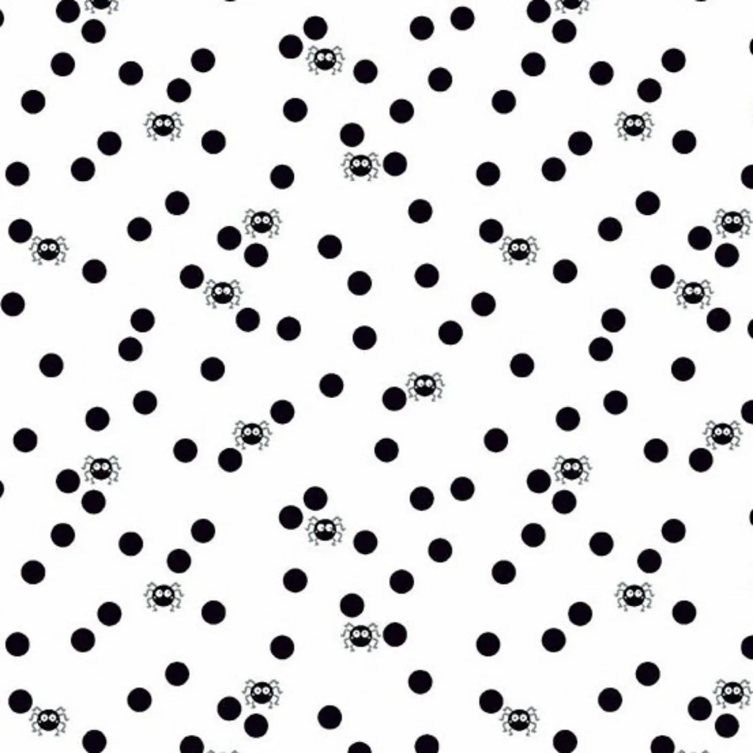 Pattern of black polka dots with small cartoon spiders on a white background