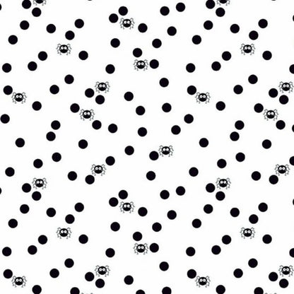 Pattern of black polka dots with small cartoon spiders on a white background